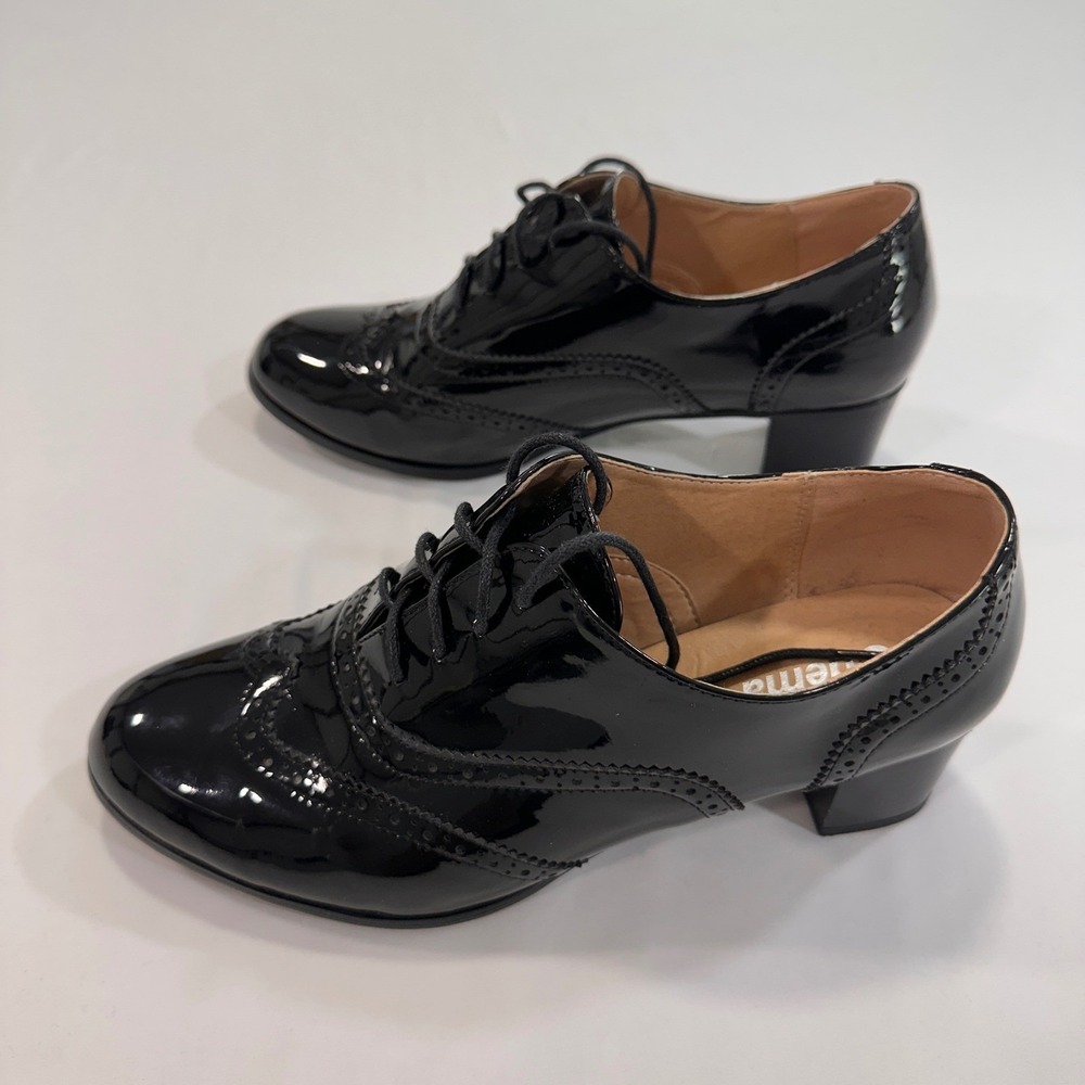 Odema Patent Wingtip Oxford‎ Heels Chunky Women Size 11 Black Lace up Academia